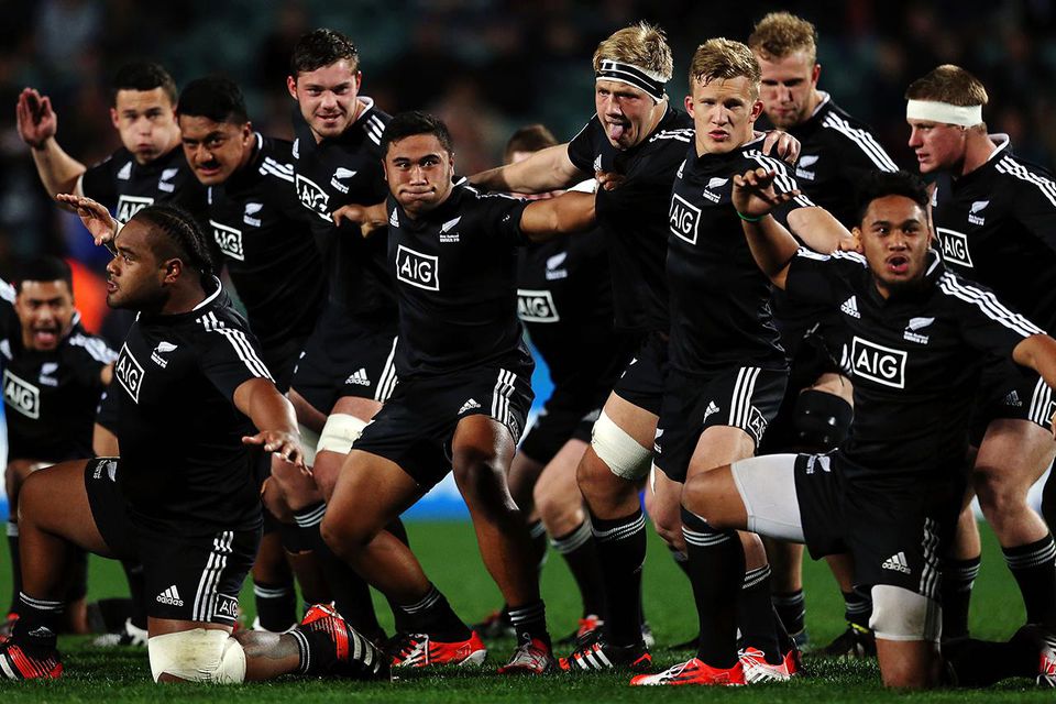 The All Blacks performing the haka in New Zealand
